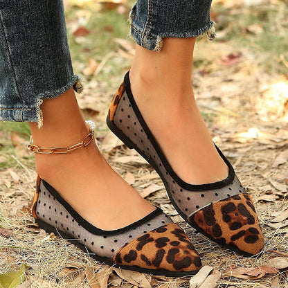 Leopard Print Mesh Patchwork Pointed Toe Slip On Flats