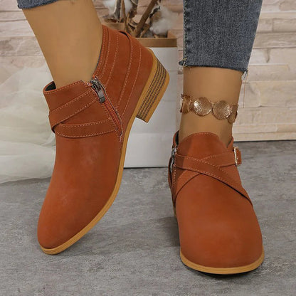 Crossover Strap Buckle Decor Round Toe Zipper Ankle Boots