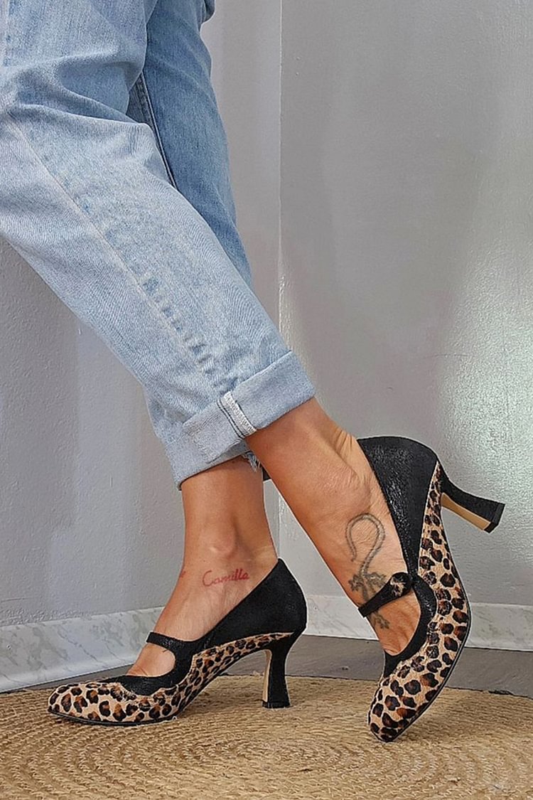 Leopard Print Patchwork Instep Strap Black Chunky Heels [Pre Order]