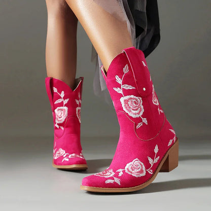 Floral Embroidery Pointed Toe Chunky Heel Western Boots