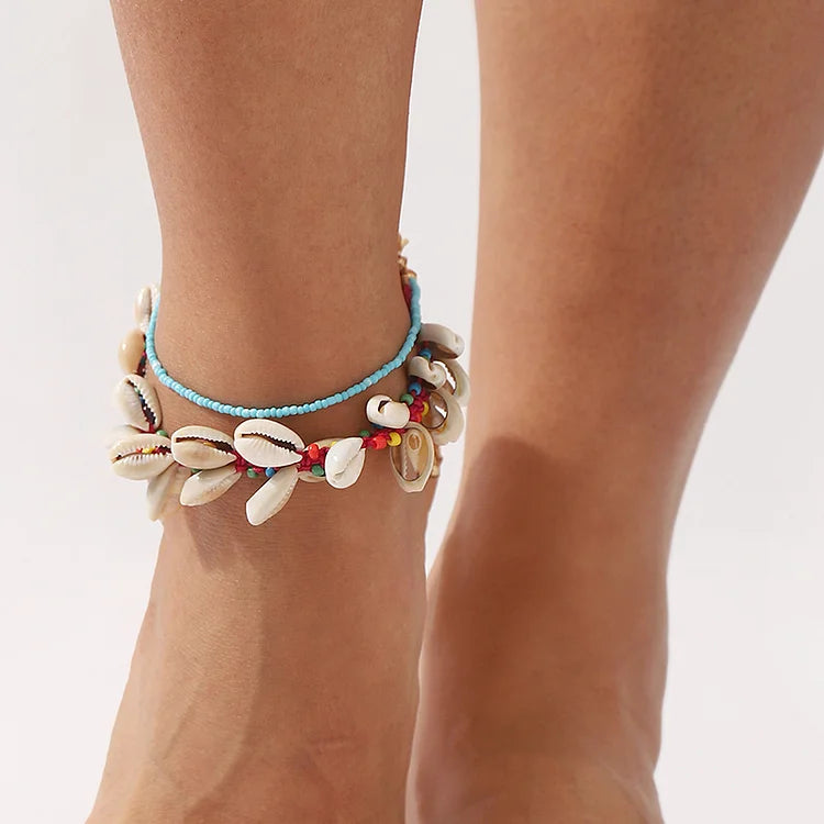 Boho Beach Colourful Beads Shell Braided Alloy Chain Anklets