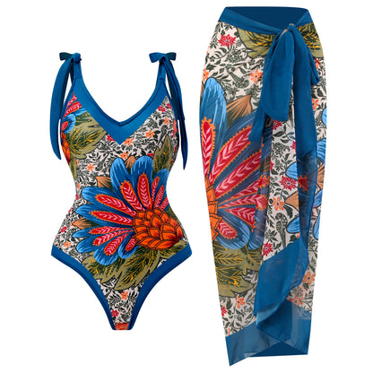 V Neck Bow Shoulder One-piece Swimwear and Wrap Cover Up Skirt Printed Set