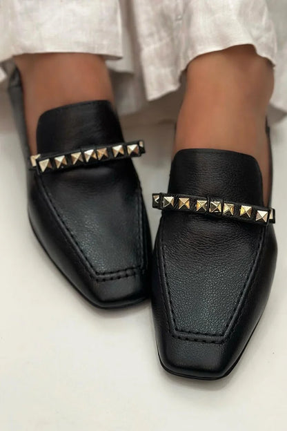 Rivet Decor Square Toe Stitch Detail Black Loafers [Pre Order]