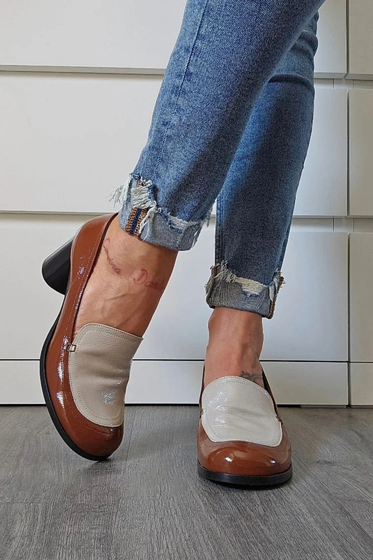 Round Toe Colorblock Slip On Brown Chunky Heels [Pre Order]