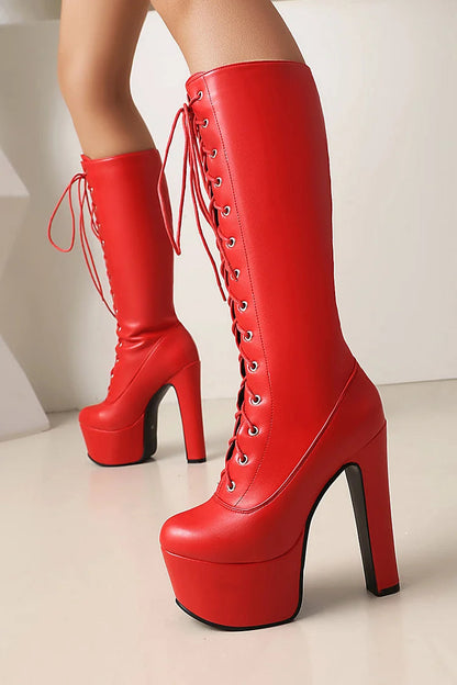 Round Toe Solid Color Lace Up Chunky Heel Platform Knee High Boots