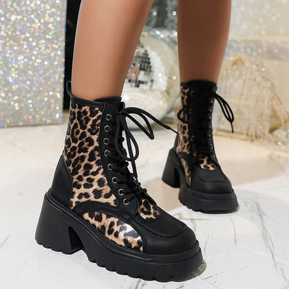 Patchwork Round Toe Leopard Print Chunky Heel Lace Up Mid Boots