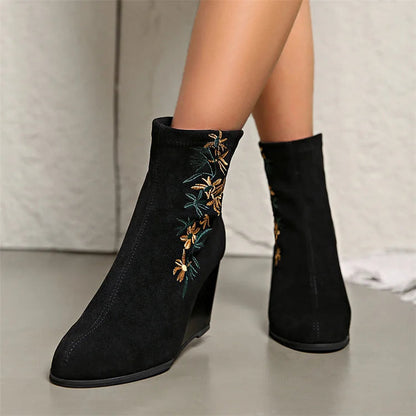 Floral Embroidery Round Toe Wedge Heel Pull On Ankle Boots