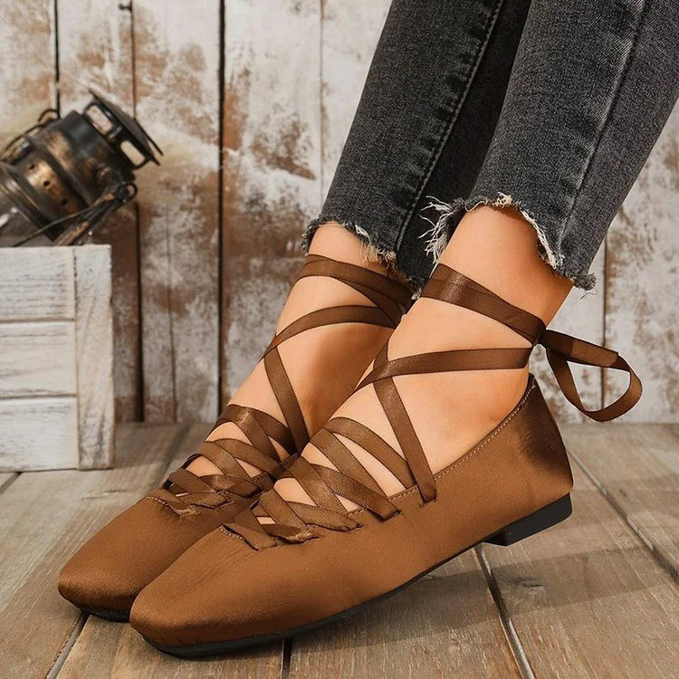 Satin Solid Color Crossover Lace Up Square Toe Flats