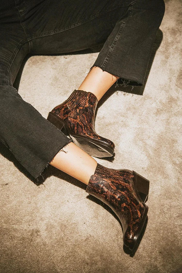 Snake Print Round Toe Chunky Heel Brown Ankle Boots [Pre Order]