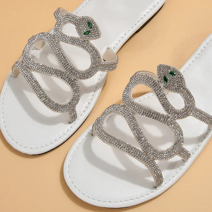 Rhinestone Snake Shaped Strap Round Toe Slippers