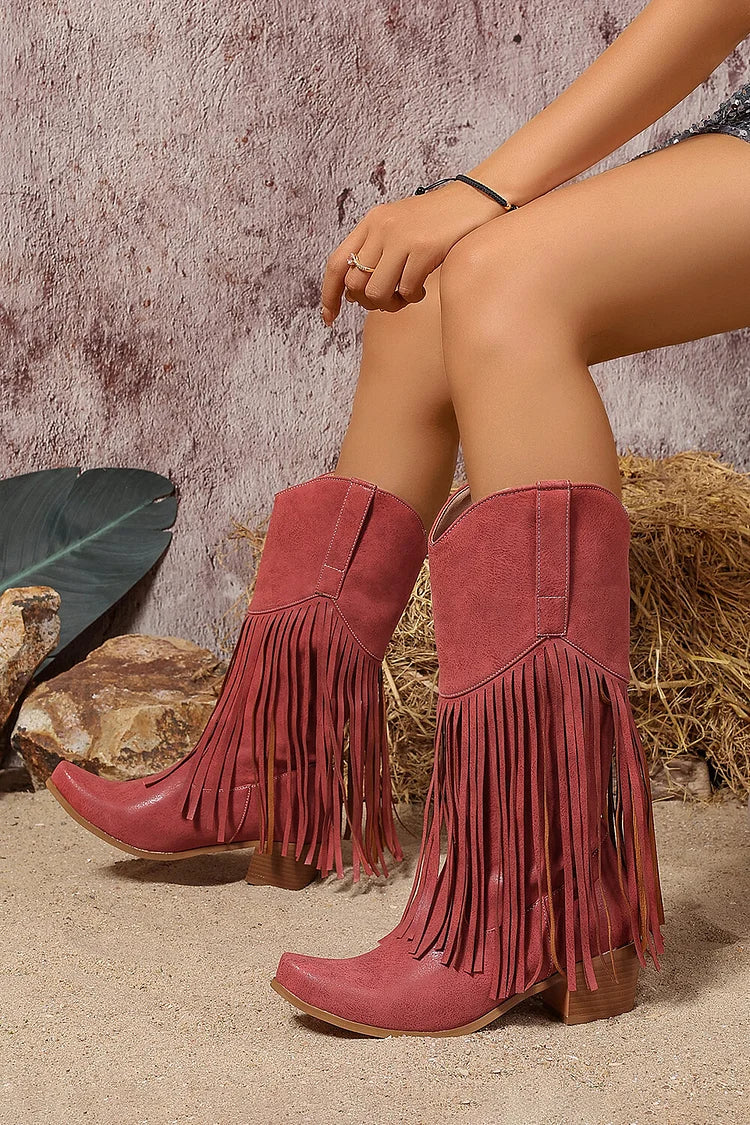 Fringed Trim Solid Color Pointed Toe Chunky Heel Mid Calf Boots