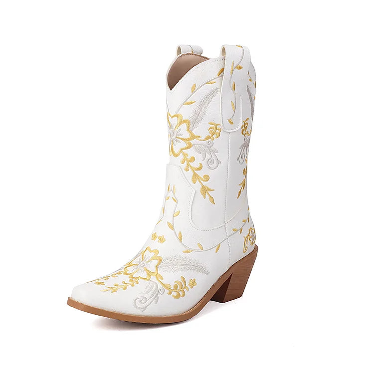 Floral Embroidery Patchwork Pointed Toe Chunky Heel Western Boots