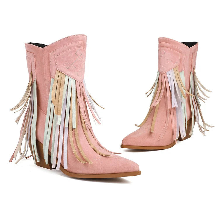 Multicolor Fringed Trim Zipper Pointed Toe Chunky Heel Western Boots