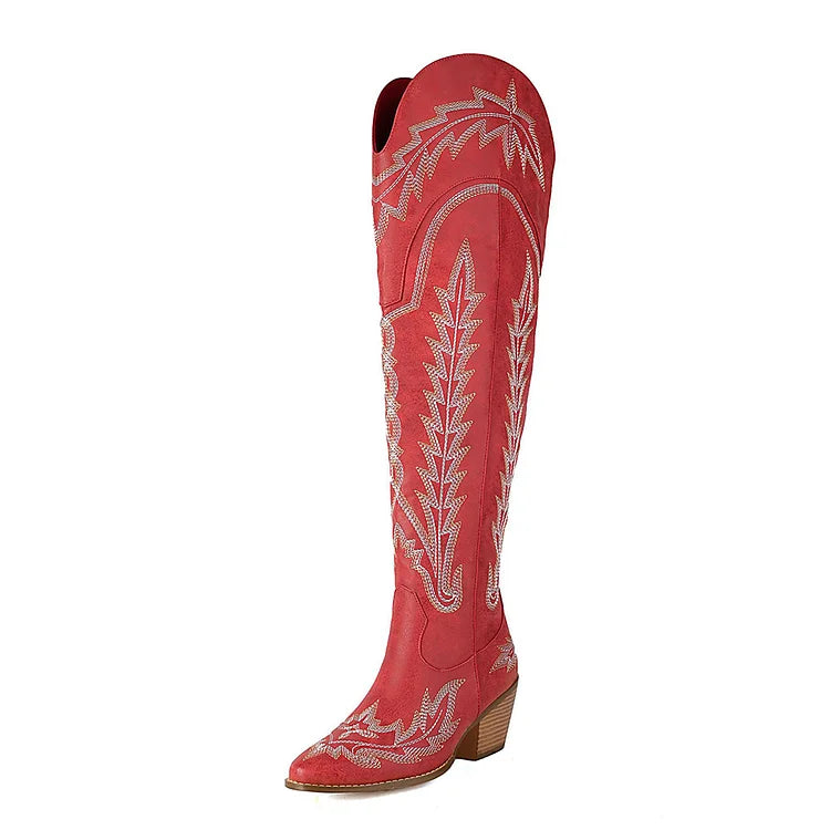 Embroidery V Cut Zipper Pointed Toe Chunky Heel Over The Knee Boots