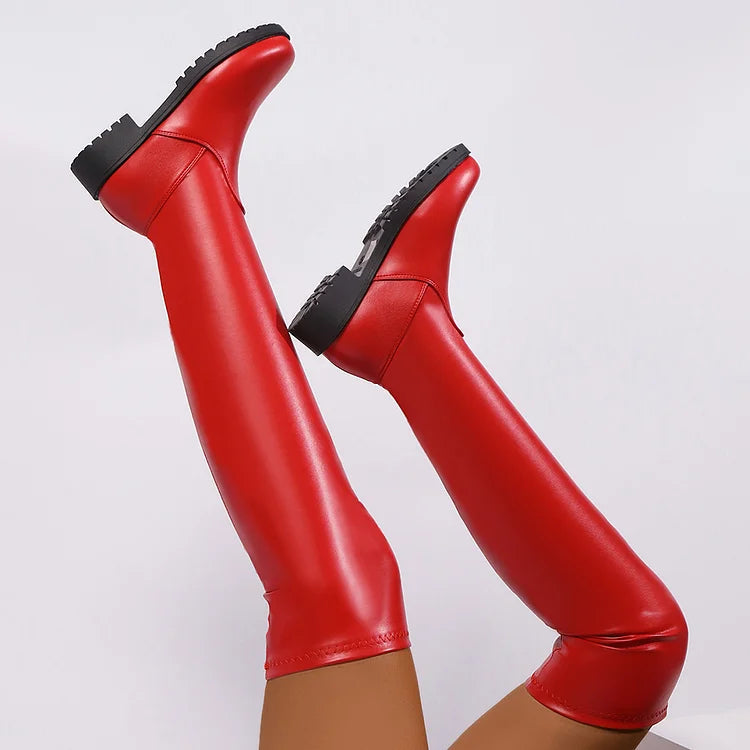 Solid Color Round Toe Patchwork Low Block Heel Over The Knee Boots