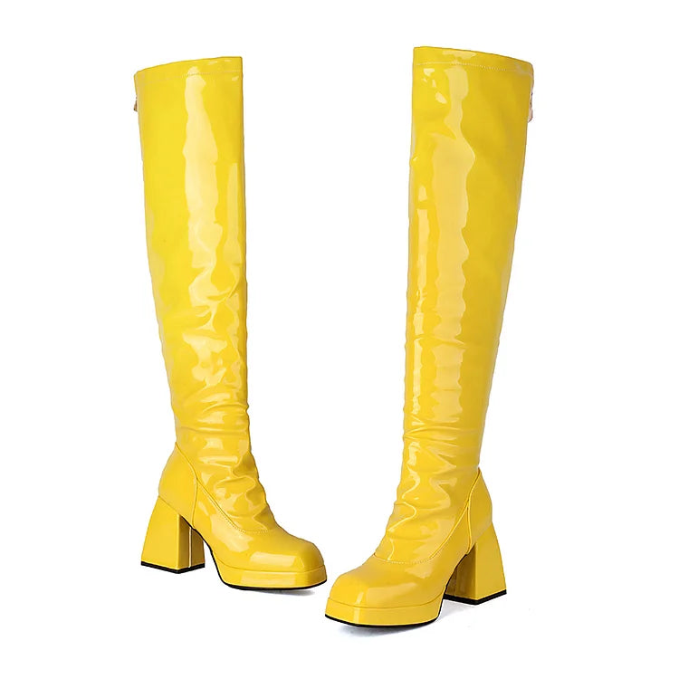 Solid Color Zipper Patchwork Square Toe Chunky Heel Over The Knee Boots