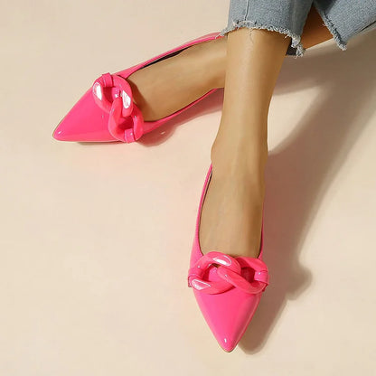 Patent Leather Chain Trim Pointy Toe Casual Flats