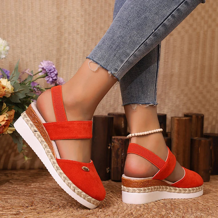 Metal Decor Slingback Strap Closed Toe Plain Espadrille Wedge Sandals