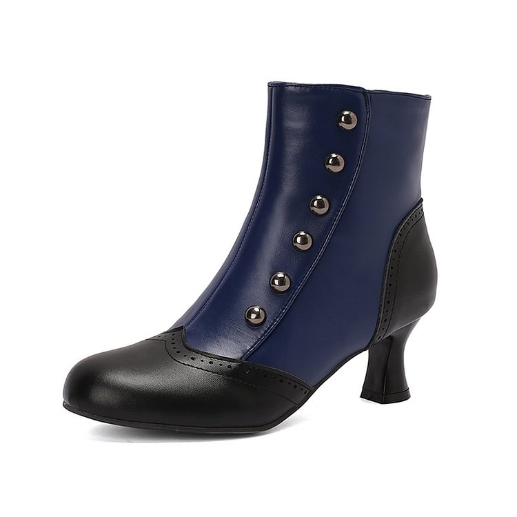 Colorblock Round Toe Metallic Studded Zipper Ankle Boots