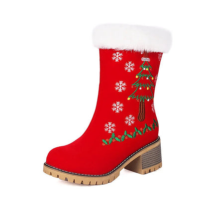 Christmas Tree Embroidery Fluffy Round Toe Chunky Heel Velvet Mid Boots