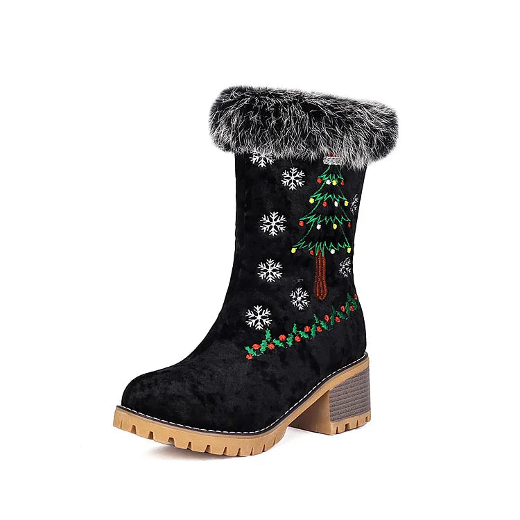 Christmas Tree Embroidery Fluffy Round Toe Chunky Heel Velvet Mid Boots