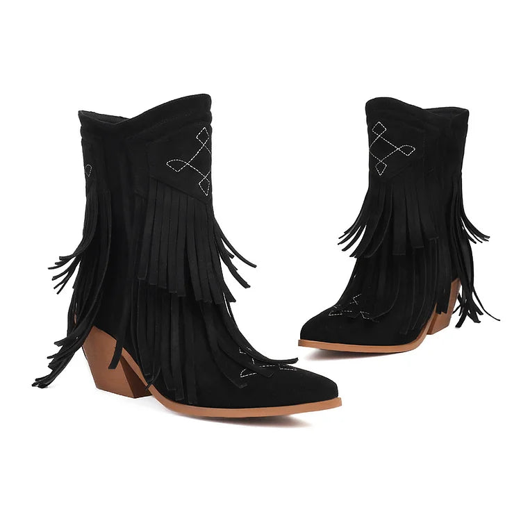 Multicolor Fringed Trim Zipper Pointed Toe Chunky Heel Western Boots