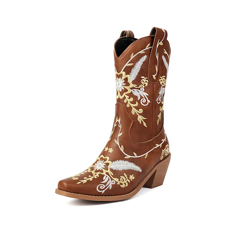 Floral Embroidery Patchwork Pointed Toe Chunky Heel Western Boots