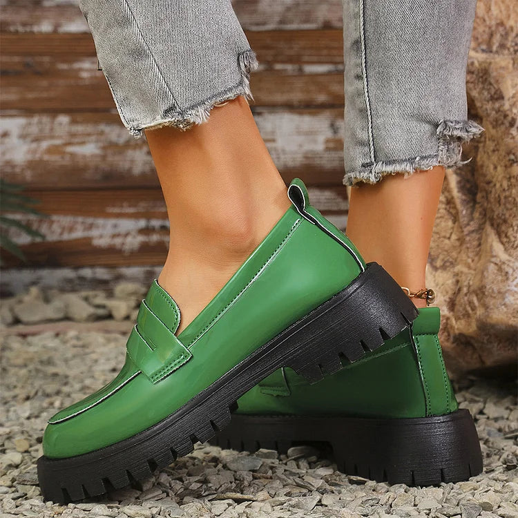 Patchwork Round Toe Low Block Heel Casual Slip On Loafers