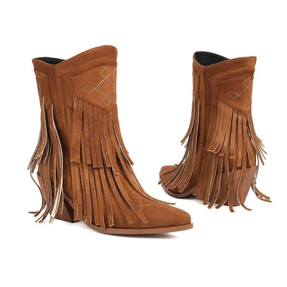 Multicolor Fringed Trim Zipper Pointed Toe Chunky Heel Western Boots