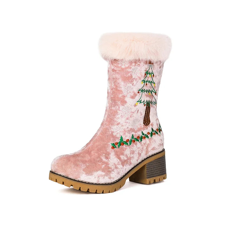 Christmas Tree Embroidery Fluffy Round Toe Chunky Heel Velvet Mid Boots