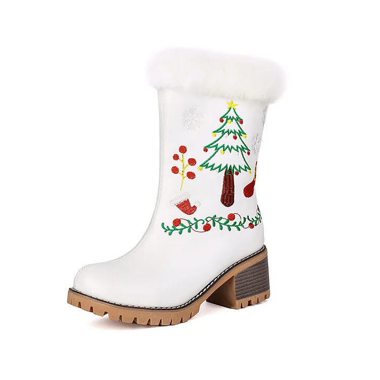 Christmas Tree Embroidery Fluffy Round Toe Chunky Heel Velvet Mid Boots