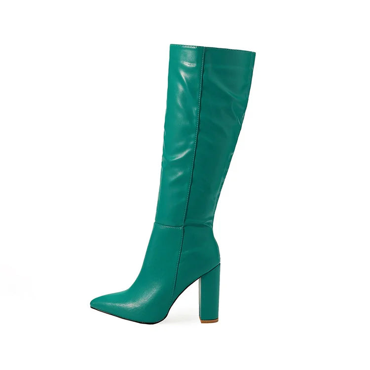 Patchwork Chunky Heel Solid Color Zipper Pointed Toe Knee High Boots