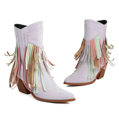 Multicolor Fringed Trim Zipper Pointed Toe Chunky Heel Western Boots