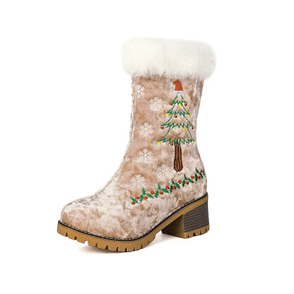 Christmas Tree Embroidery Fluffy Round Toe Chunky Heel Velvet Mid Boots