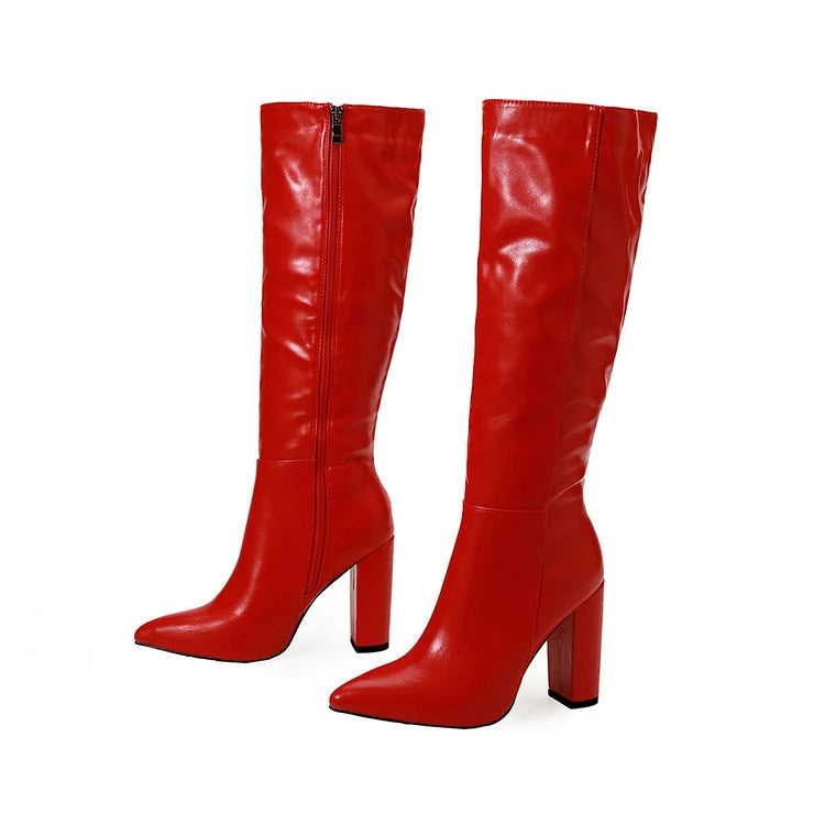 Patchwork Chunky Heel Solid Color Zipper Pointed Toe Knee High Boots