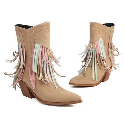 Multicolor Fringed Trim Zipper Pointed Toe Chunky Heel Western Boots