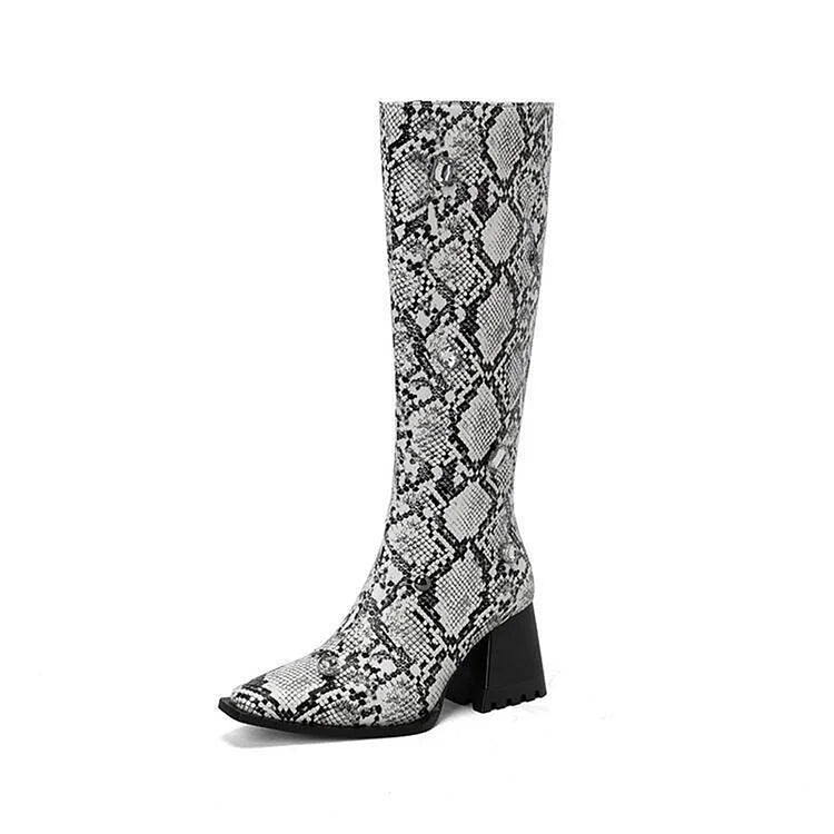 Snake Print Rhinestone Decor Pointed Toe Chunky Heel Knee High Boots