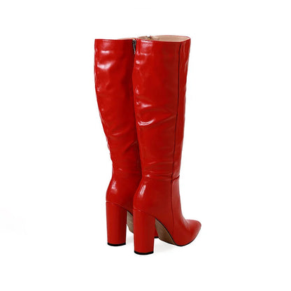 Patchwork Chunky Heel Solid Color Zipper Pointed Toe Knee High Boots