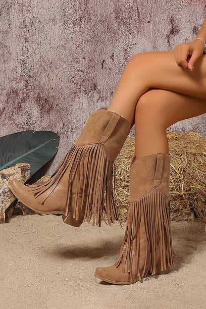 Fringed Trim Solid Color Pointed Toe Chunky Heel Mid Calf Boots