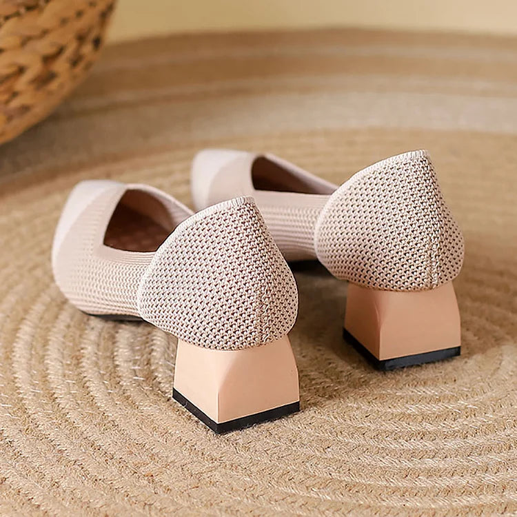 Knit Mesh Color Block Pointed Toe Elegant Chunky Heels