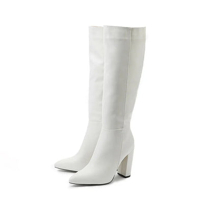 Patchwork Chunky Heel Solid Color Zipper Pointed Toe Knee High Boots