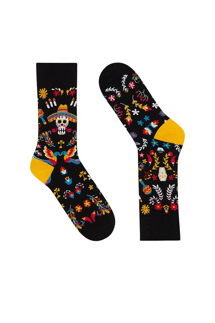 Halloween Multicolor Skeleton Skull Floral Pattern Mid Calf Socks