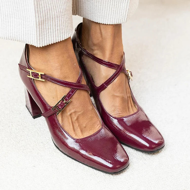 Cross Strap Buckle Square Toe Burgundy Chunky Heels [Pre Order]