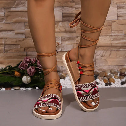 Retro Boho Ethnic Pattern Lace Up Patchwork Platform Sandals