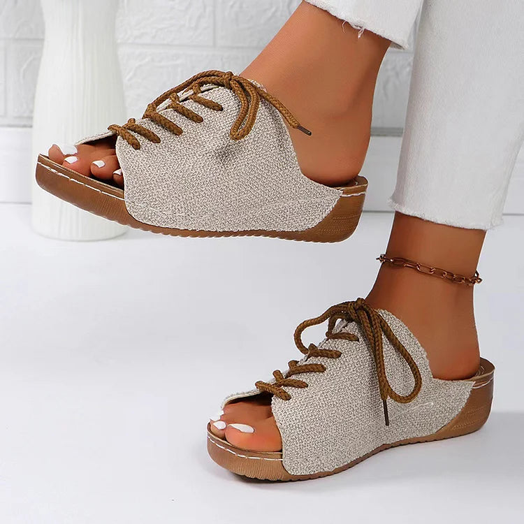 Casual Lace Up Quilted Peep Toe Canvas Wedge Slippers