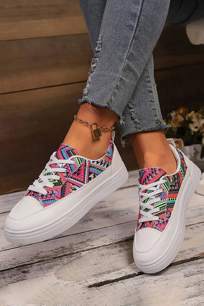 Multicolor Geometric Print Round Toe Canvas Lace Up Sneakers