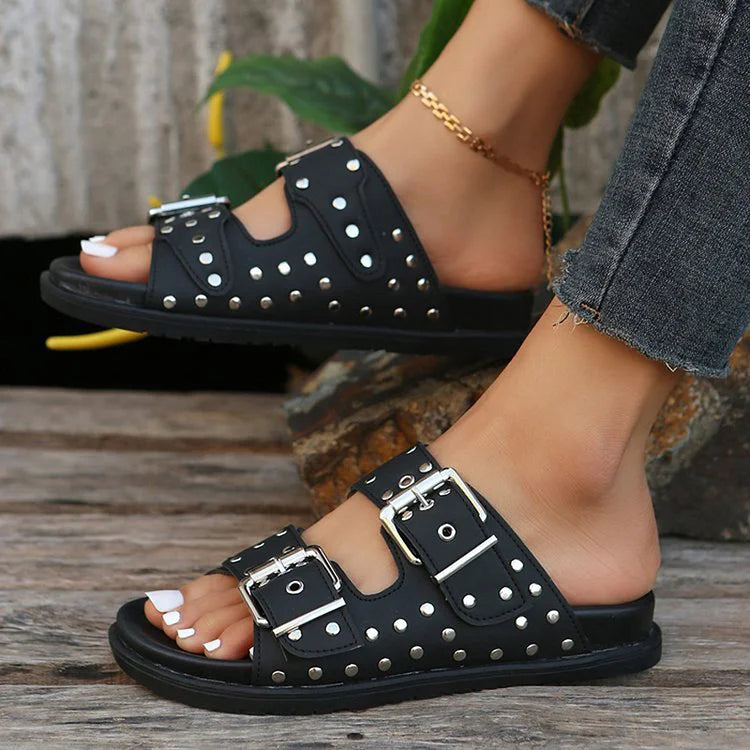 Studded Belt Buckle Round Toe Solid Color Slippers