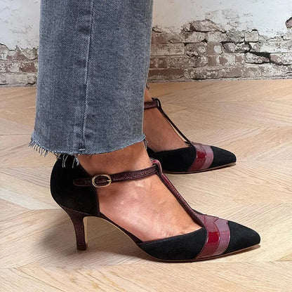 Patchwork T-Strap Buckle Pointed Toe Black Stiletto Heels [Pre Order]