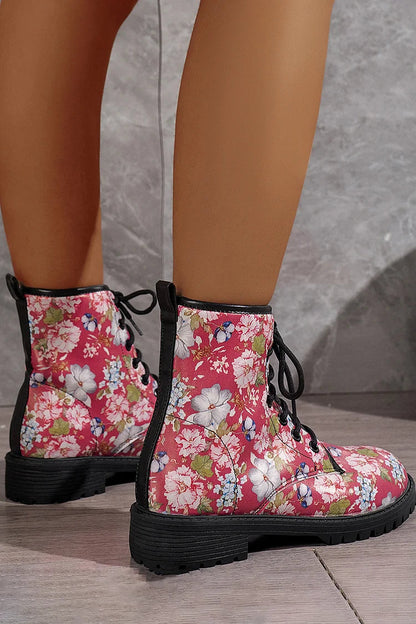 Colorful Floral Print Round Toe Low Block Heels Lace Up Ankle Boots