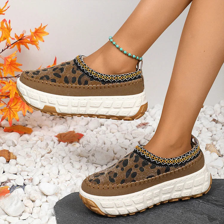 Leopard Pattern Stitch Detail Round Toe Casual Snow Boots